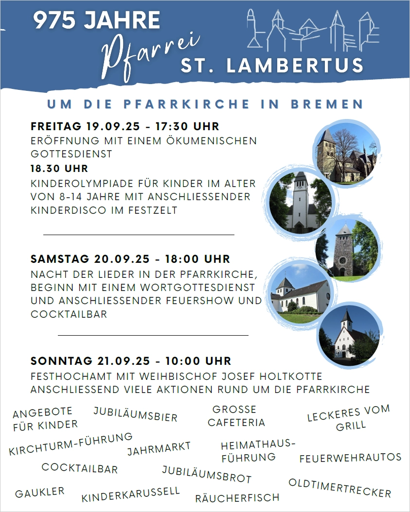 Plakat mit Informationen zur 975-Jahr-Feier der Pfarrei St. Lambertus in Bremen.